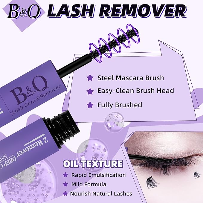 B&Q Lash Glue Remover Lash Glue Remover 2-in-1 Kit Lashs Cluster Glues for Eyelash Clusters with Gentle Lash Removers Waterproof Quick-Dry Formula Portable Travel-Friendly Design(Bond and Remover）