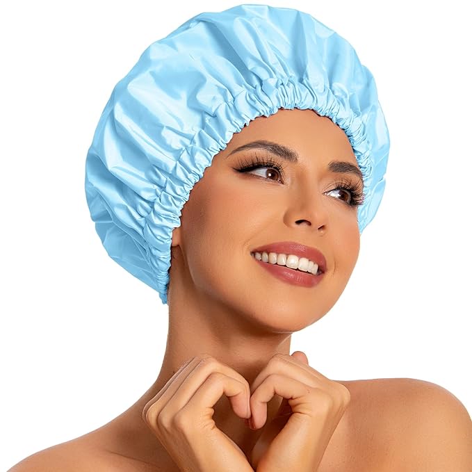 Reusable Shower Cap for Women, Large Waterproof Shower Bonnet with Elastic Band, Washable Bath Hair Cap for Long, Curly Hair, Braids, Daily Shower, Home Spa, Travel(Light Blue)