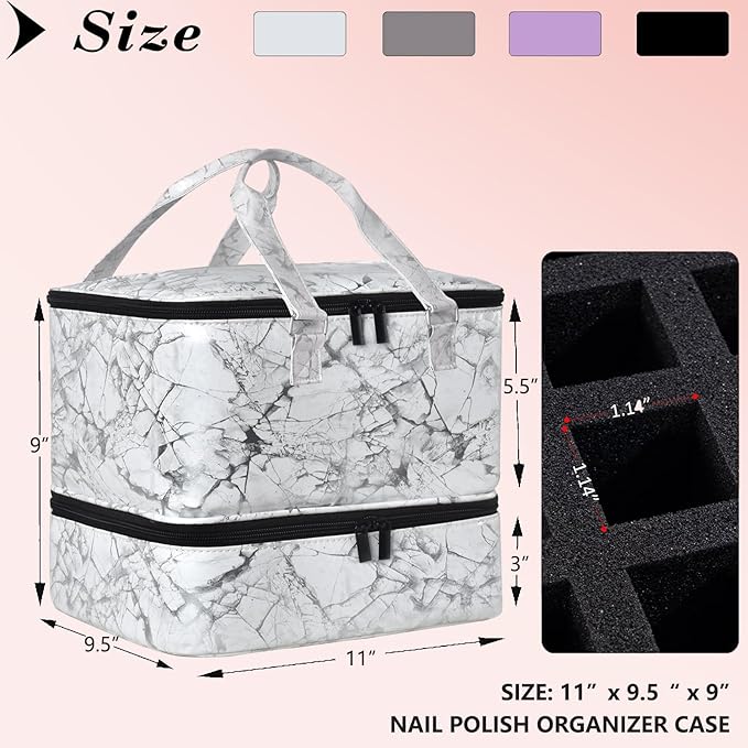 Nail Polish Organizer Case - Holds 42+ Bottles (15ml/0.5 fl.oz) and 1 Nail Lamp, Upgraded Double-layer Nail Polish Carrying Case Nail Storage Bag with Handles (White)