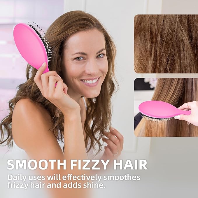 Boar Bristles Hair Brush for Women and Men, Detangling Hair Brush for Smoothing Massage Add Shine, Nylon&Boar Bristles Detangler brush for Hair Healthy (1 Pack-HotPink)