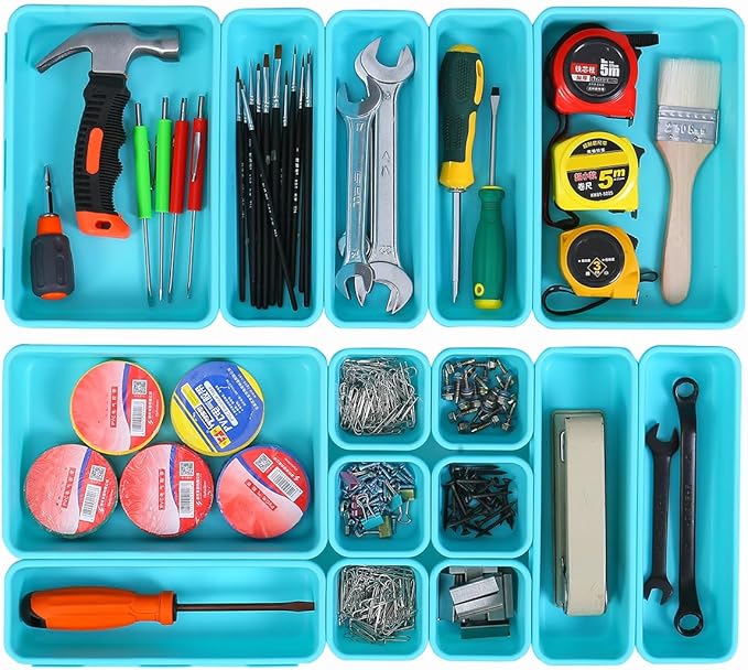 Kutesna 15 PCS Interlocking Desk Drawer Organizer Separator for Office,Bathroom,Kitchen,MakeupÃ¯Â¼ÂBlue&GreenÃ¯Â¼Â