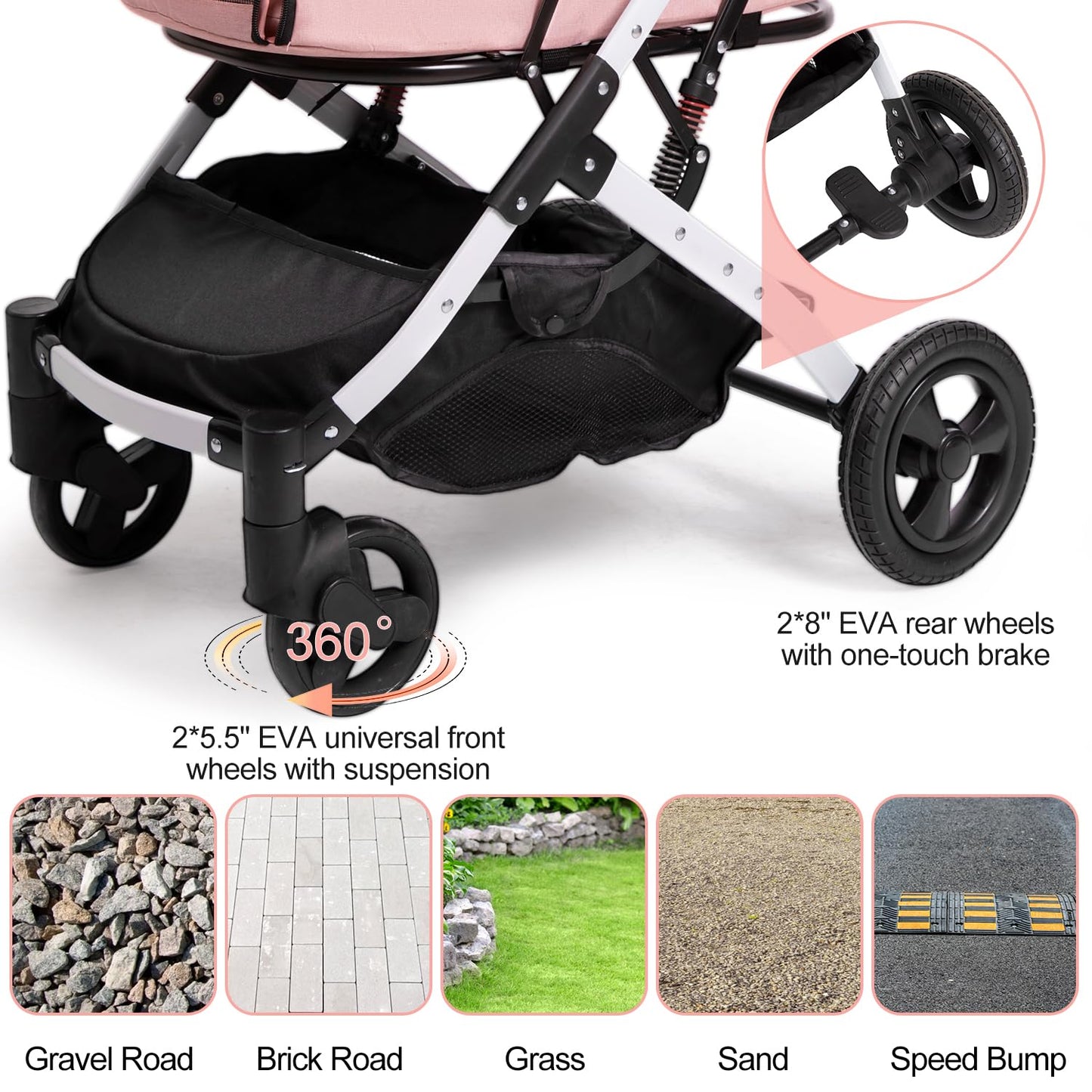 BETSOCCI Pet Stroller for Medium Small Dog & Cat, Foldable Lightweight Dog Stroller with Storage Basket Pet Travel Carriage with Safety Leashes, 4 Wheel, Pink