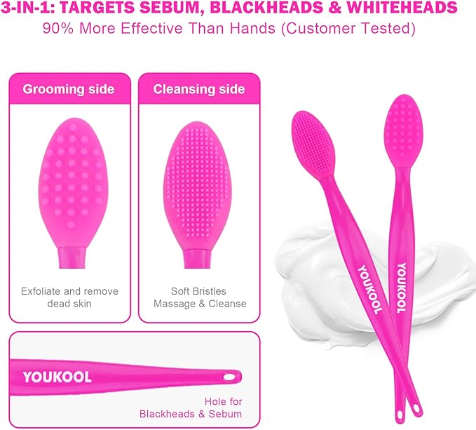 Pore Cleansing Silicone Facial Brush | Face Scrubber & Massager for Blackhead & Whitehead Removal, Sebum Reduction, Gentle Exfoliation & Clearer Skin | Suitable for All Skin Types,Fuchsia,2pc