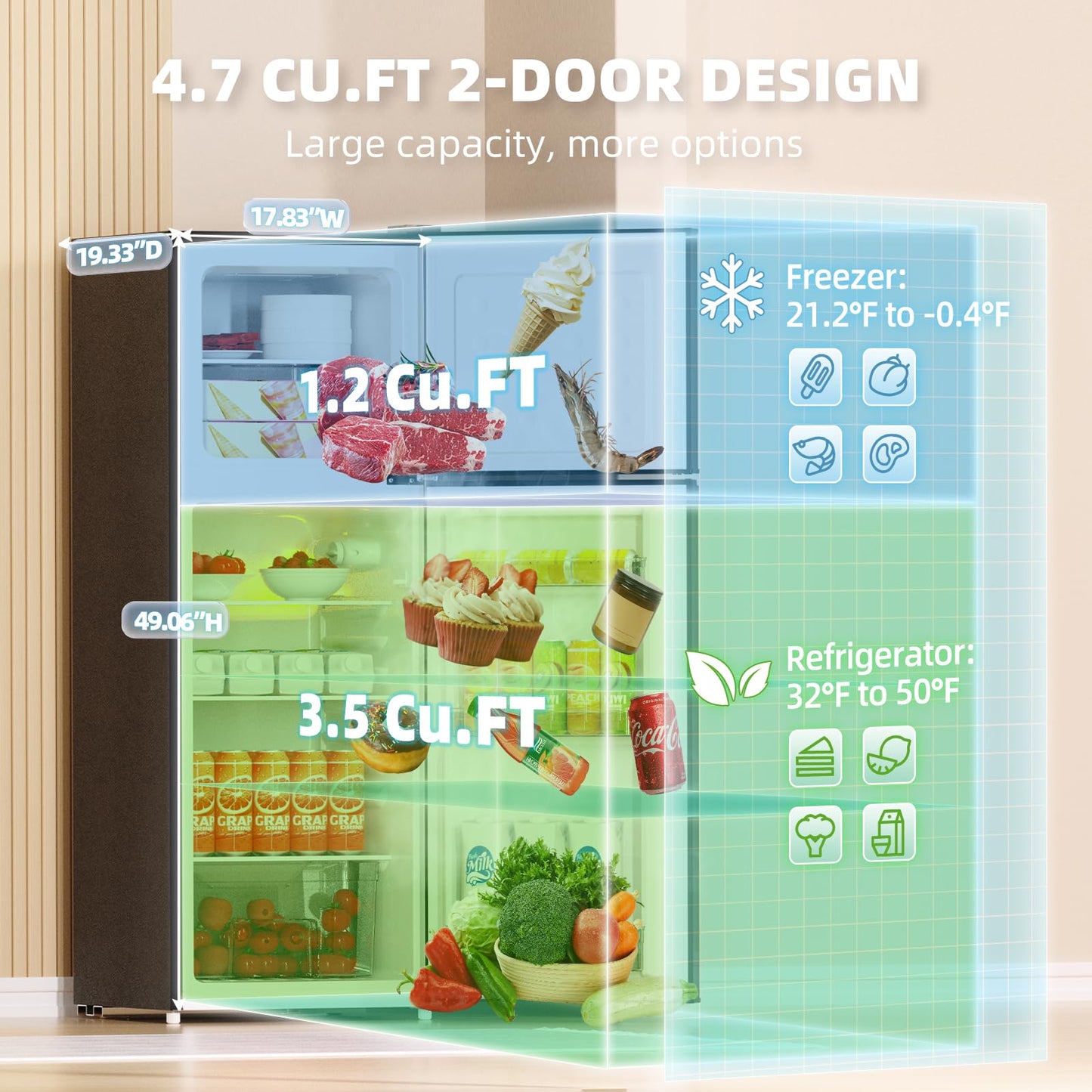 Frestec 4.7 Cu.Ft Small Refrigerator with Freezer, Small Fridge with Top Freezer, for Dorm, Bedroom, Apartment, and Office, Double Door,black