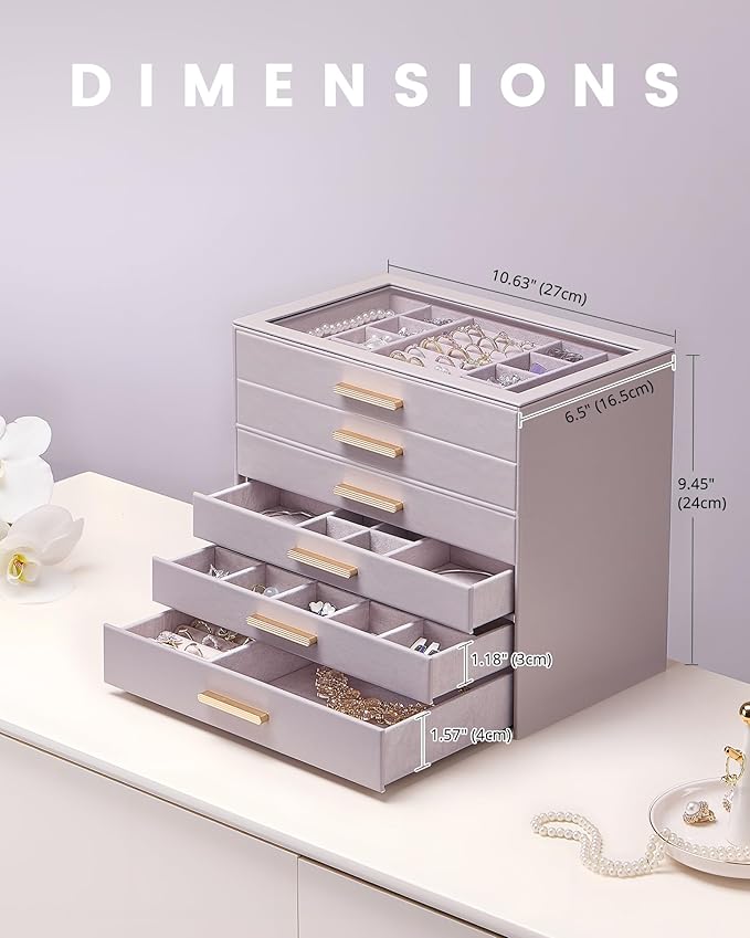 Lolalet Jewelry Box Organizer, 6-Layer Jewelry Organizers and Storage Case with Glass Lid, Ring Earring Bracelet Necklace Holder Organizer, Birthday Valentine Gifts for Women Girls -6Layer, HazePurple