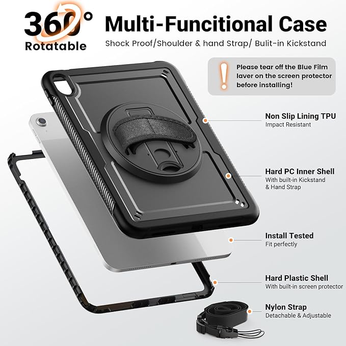 SCSVPN Case for iPad (A16) 11th Generation 11 Inch 2025 / 10th Generation 10.9 Inch 2022, Shockproof Protective Case with Screen Protector, Pencil Holder, Rotating Stand, Hand/Shoulder Strap - Black