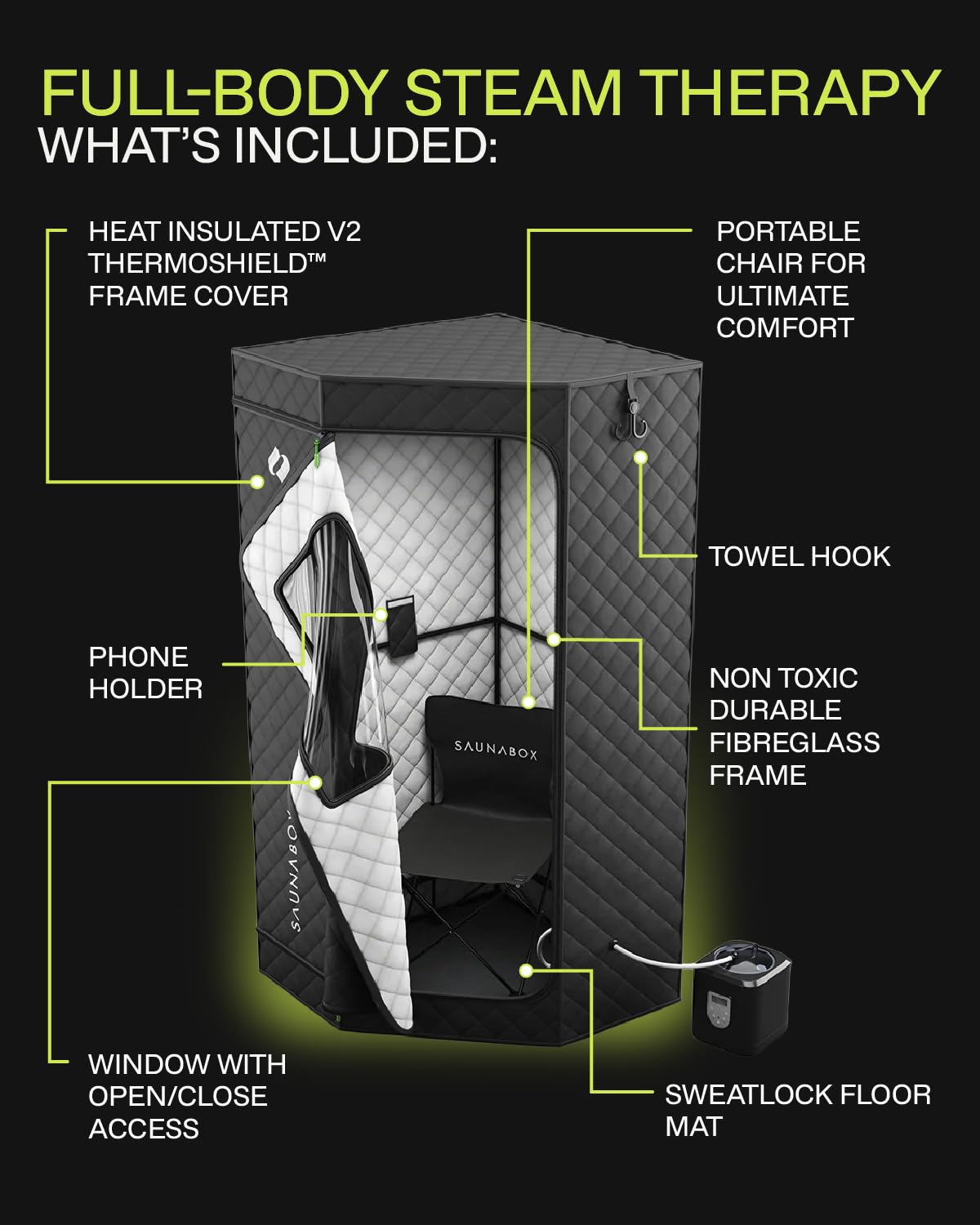 SAUNABOX® SmartSteam Kit Pro | Personal Steam Sauna for Home Use | Portable Sauna Tent with Chair, Mat & Case | Full-Body Steam Therapy for Relaxation, Detox & Recovery