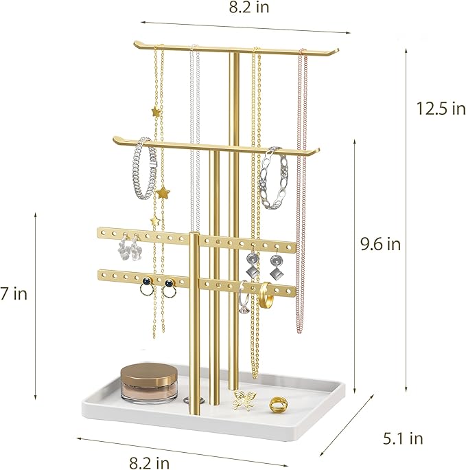 pickpiff Gold Jewelry Stand Holder Organizer: 12.5" Sturdy Hanger for 80 Pcs Jewelry, Jewlery Tower for Display Necklace, Earring, Bracelet, Watch