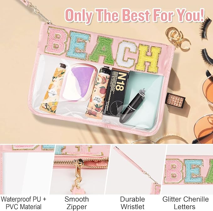 Izuzta Chenille Letter Clear Bag Beach Purse, Monogram PVC & PU Zipper Pouch with Wristlet, Waterproof Portable Glitter Snacks Makeup Toiletry Bag for Women Girls (BEACH-Pink)