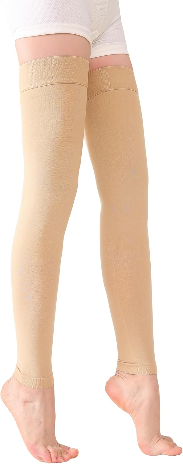 TOFLY® Medical Thigh High Compression Socks Footless for Women & Men, Opaque Support Hose, 15-20mmHg Graduated Compression Stockings with Silicone Band for Varicose Veins, Edema, DVT, 1 Pair Beige M