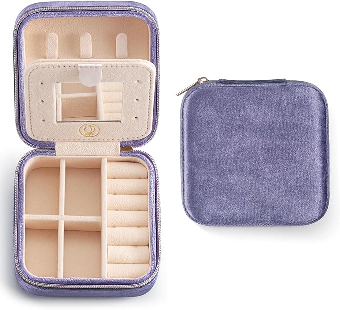 Plush Velvet Travel Jewelry Case, Travel Jewelry Organizer, Jewelry Travel Case,Travel Jewelry Box, Small Jewelry Case for Women, Jewelry Travel Box, Earring Organizer with Mirror - Periwinkle