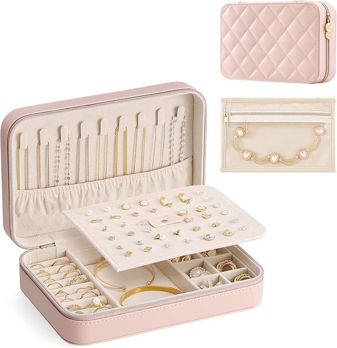 Lolalet Travel Jewelry Case for Women Girls, Travel Jewelry Organizer with Clear Storage Bag Small Portable Jewelry Box for Necklace Bracelet Earring Ring Birthday Bridesmaid Gifts -Large/Pink