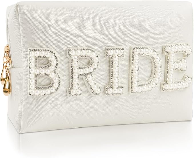 Bride Patch Letter Makeup Bag for Women Bridesmaid Engagement Gift for Her White Pearl Rhinestone Travel Toiletry Bag Make Up Bag Pouch for Purse Bridal Shower Gifts for Engagement Wedding