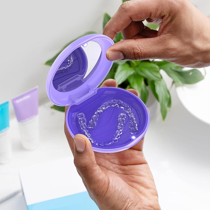 2 Pack Retainer Case with Mirror, Compatible with Invisalign, Slim Aligner Case for Travel, Includes Removal Tools, Seaters & Brush, Magnetic Secure Closure Retainer Box - Purple