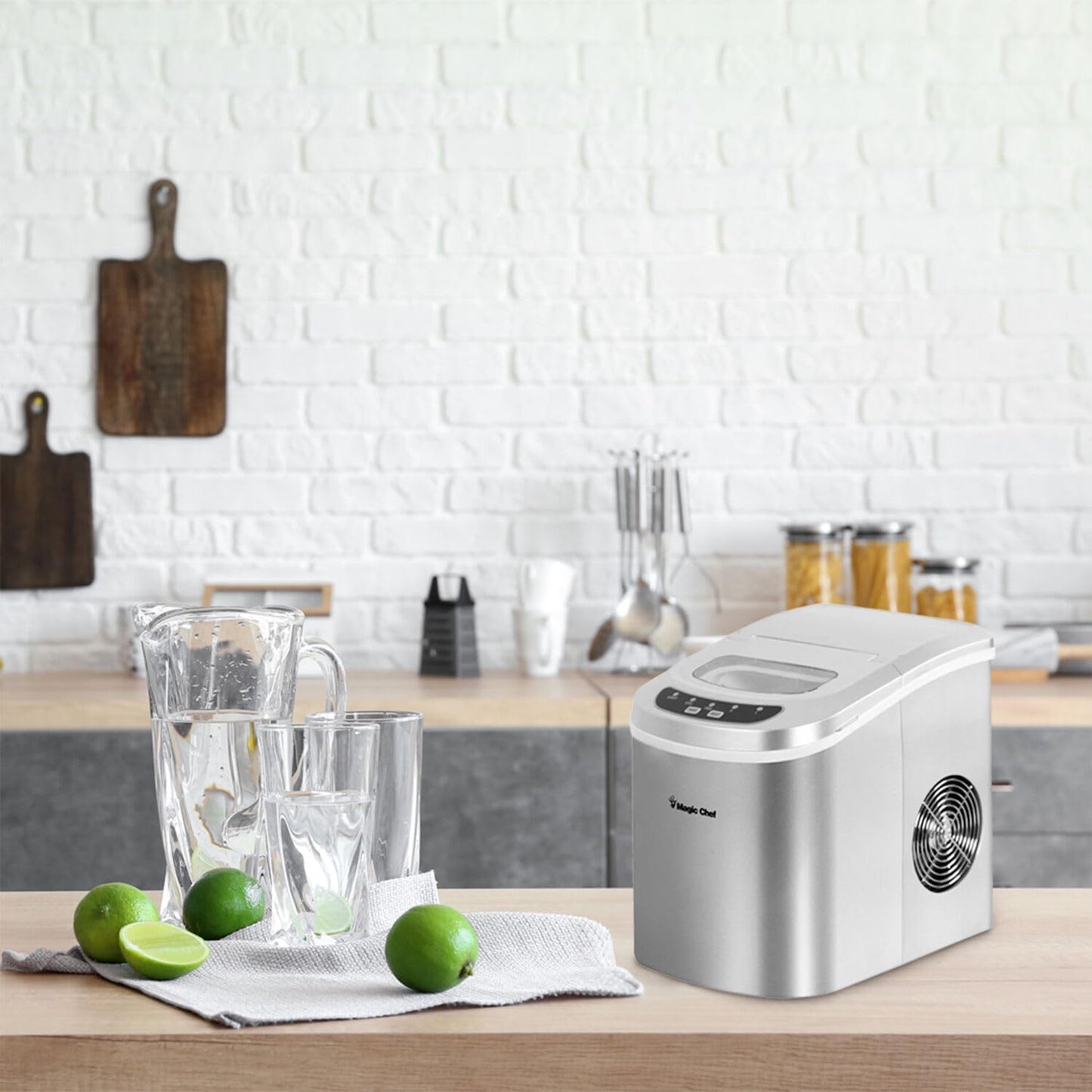 Magic Chef 27-Lb. Portable Ice Maker in Silver, Tabletop Ice Maker for Kitchen, Apartment, Dorm, and Basement with Viewing Window, 2 Ice Cube Sizes, and Ice & Water Level Indicator Lights