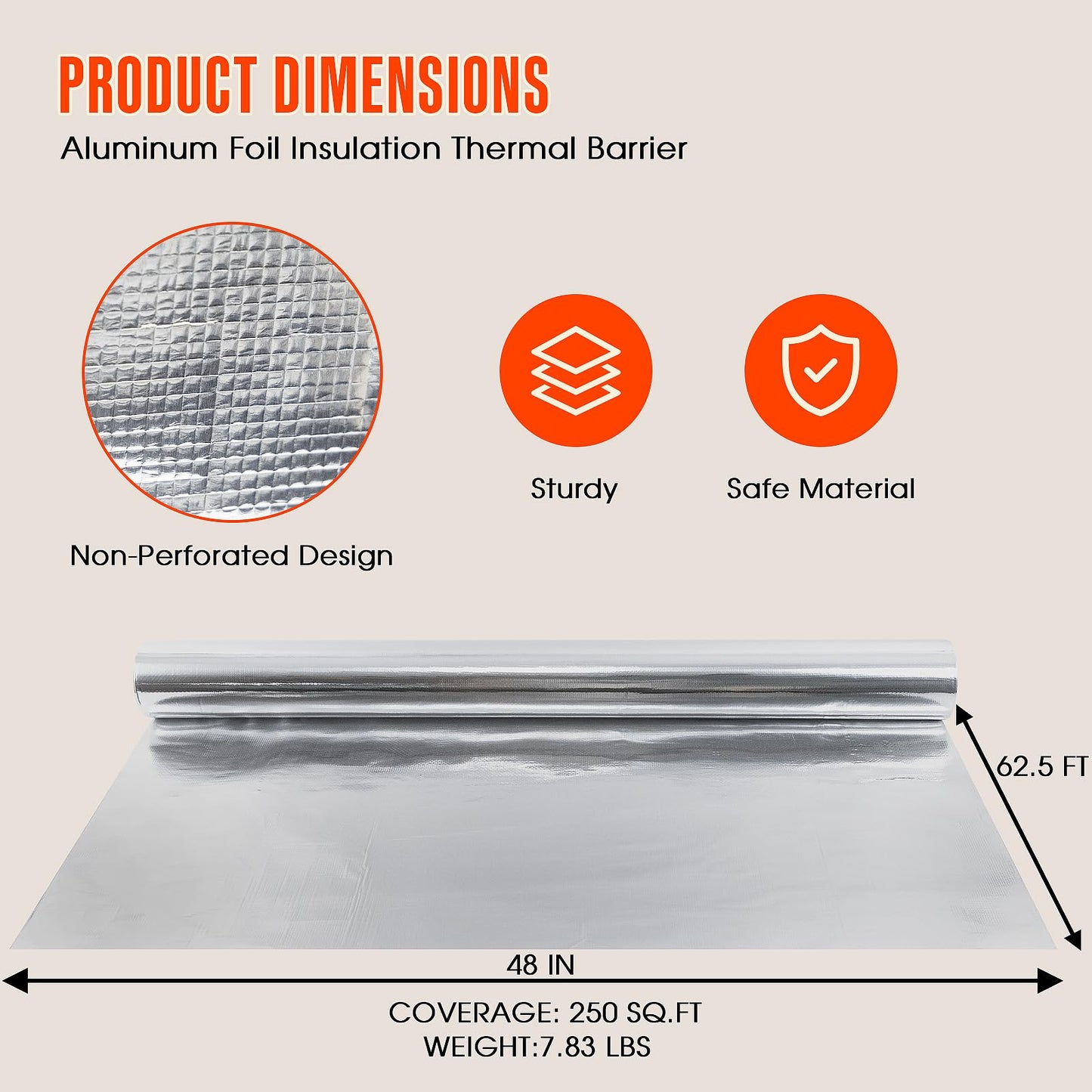 ZXQDRE Sauna Foil Vapor Barrier, 250 sqft Aluminum Insulation Roll Heavy-Duty Non-Perforated Reflective Thermal Barrier for Energy Efficient Sauna, Attic, Garage and Crawl Space (4FT x 62.5FT)