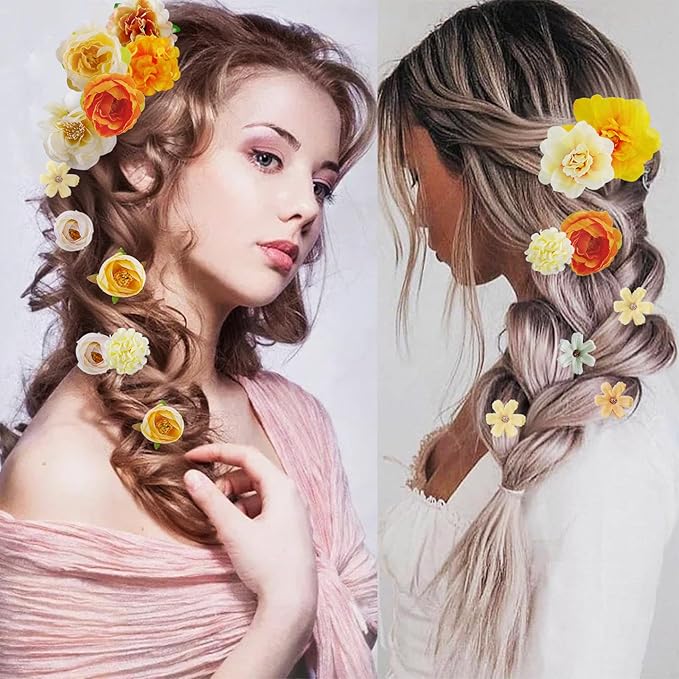 21 PCS Hair Flowers Boho Hair Barrettes Accessories Hawaiian Silk Flower Clips Girls Orange Floral Bride Headpiece Festival(Orange & Yellow)