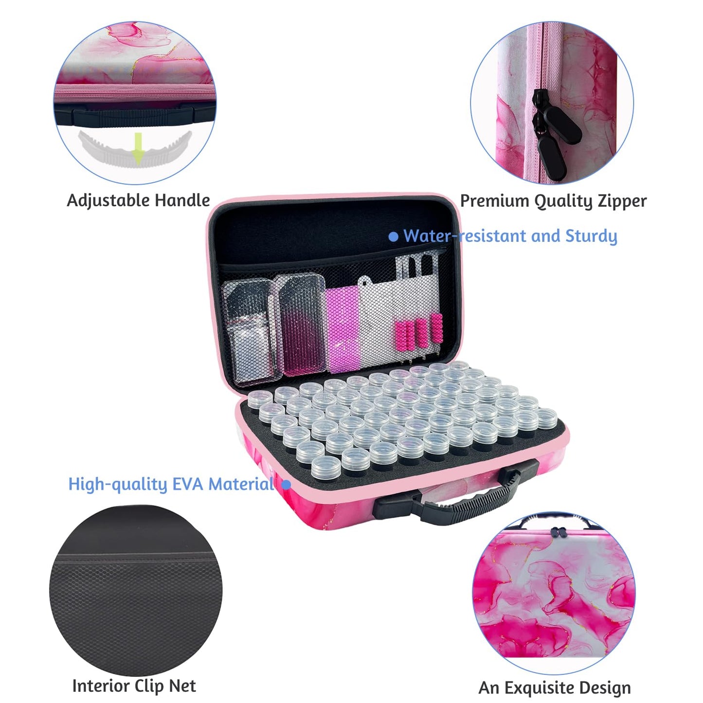 SuSentak Diamond Art Storage Containers with Dot Drill Tools,60 Slots Bead Organizer Case for 5D DIY Art Kits, Portable Craft Box for Diamond Painting Accessories (Pink)
