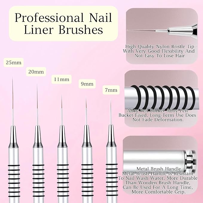 5pcs Nail Art Liner Brushes,Liner Brush Set,Liner Brush For Nails Gel,Painting Art Design Brush Set Nail Dotting Drawing Tool For Long Lines, Thin Details, Fine Drawing Sizes 7/9/11/20/25mm (Silver)