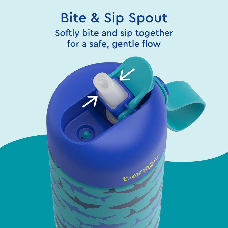 Bentgo® Kids Stainless Steel Insulated Water Bottle - Leak-Proof; Keeps Cool for 12 Hours; Durable, BPA-Free, Dishwasher Safe 14 oz. Cup for Ages 3+ for School/Sports/Daycare (Sharks)