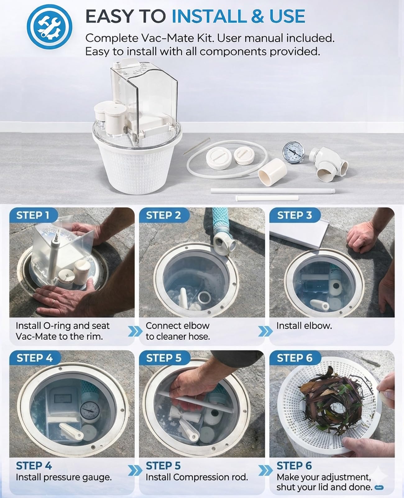 R211100 Vac-Mate Pool Cleaner Dispenser Box – Multi-Function Vacuum Skimmer Attachment – Includes Basket, Pressure Gauge & Easy Install Kit