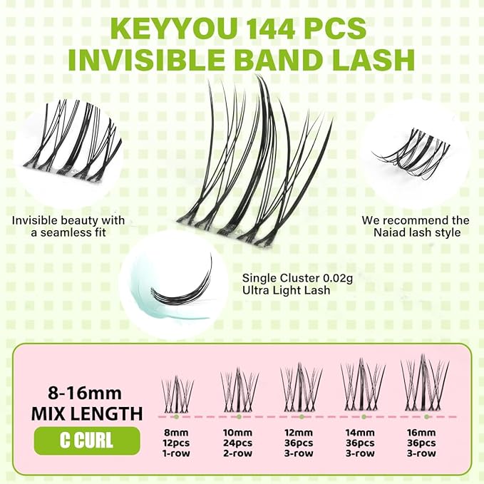 KEYYOU Naiad Lash Clusters Fairy Eyelash Extension C Curl 144Pcs Eyelash Extension Wispy Natural Invisible Band Lash with Waterproof DIY Lash Extension at Home(Naiad-C-8-16MIX)