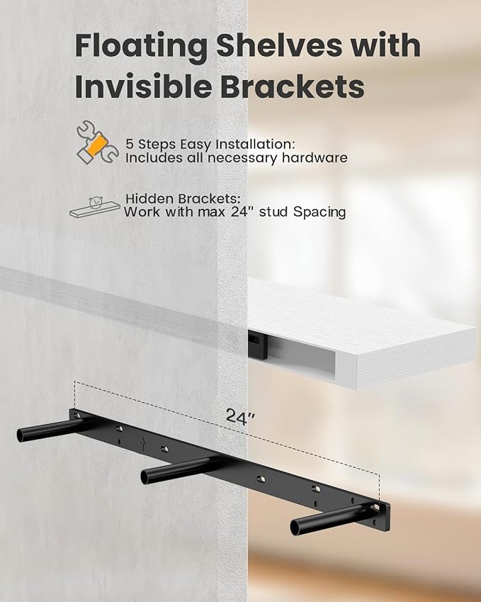 AMADA HOMEFURNISHING 35.4" L Floating Shelves, Wall Shelves Set of 3 for Bathroom/Living Room/Bedroom/Kitchen, White Floating Shelves for Wall Decor with Invisible Brackets - AMFS45W