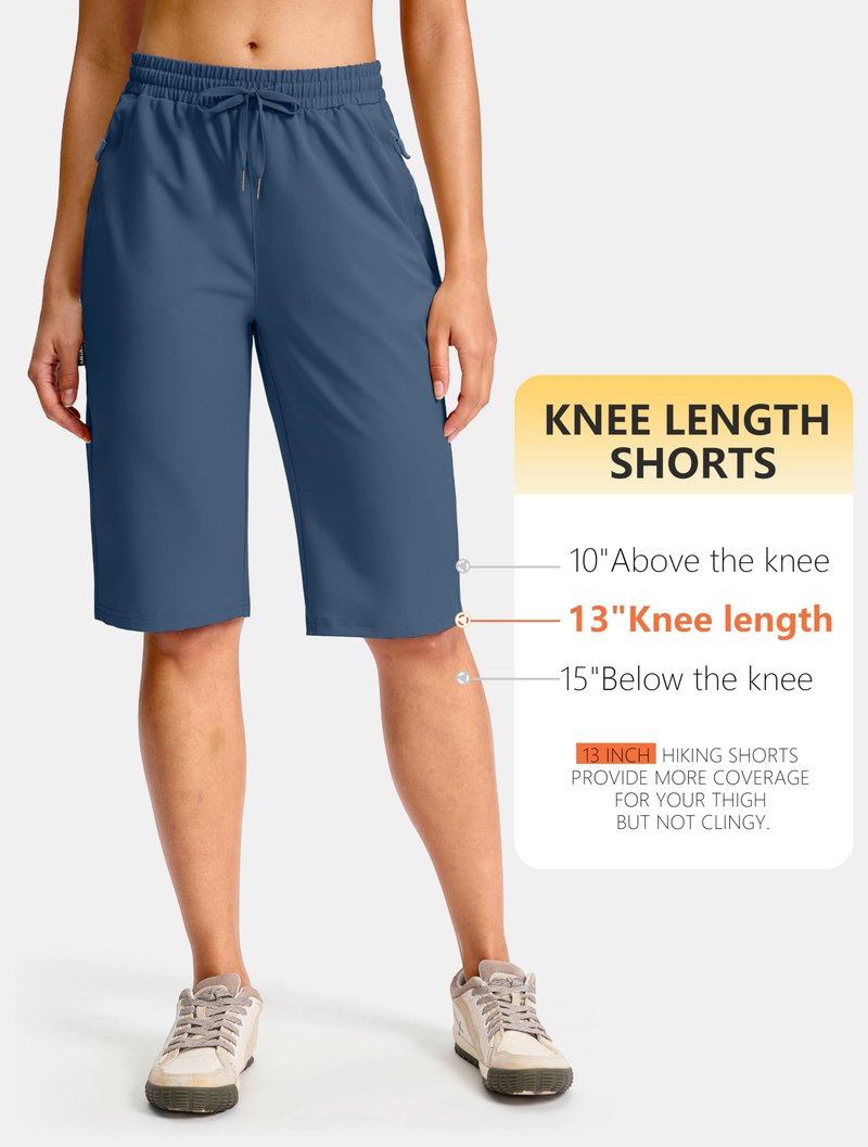 SANTINY Women's 13" Long Hiking Shorts with 3 Zipper Pockets Quick Dry Lightweight Bermuda Knee Length Shorts for Women(Dusty Blue_L)