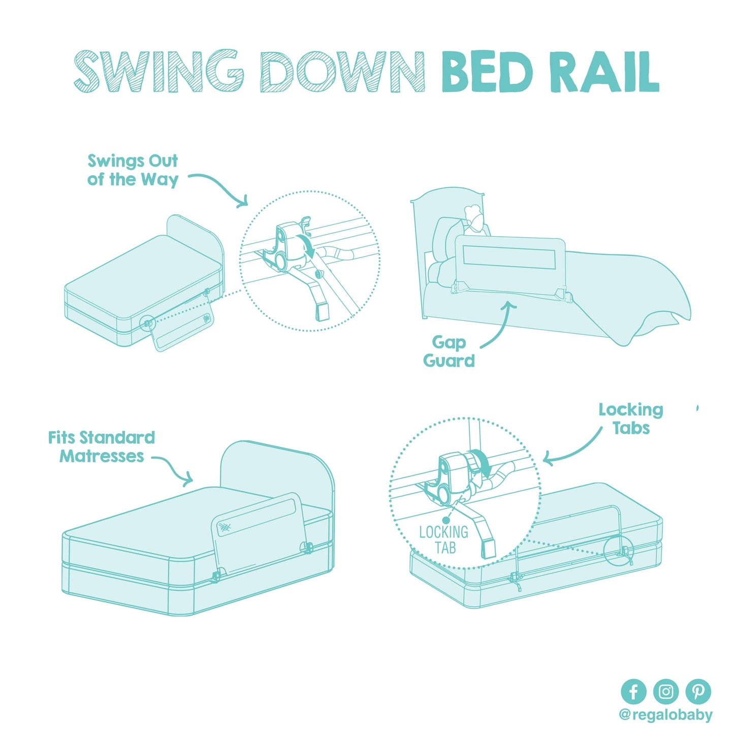 Regalo Safety Swing Down Bed Rail Guard for Toddlers, 43" Bed Safety Rail with Patented Gap Guard, Toddler Bed Rail Fits Twin, Full & Queen Beds, Guard Rail for Kids Bed, American Designed & Owned