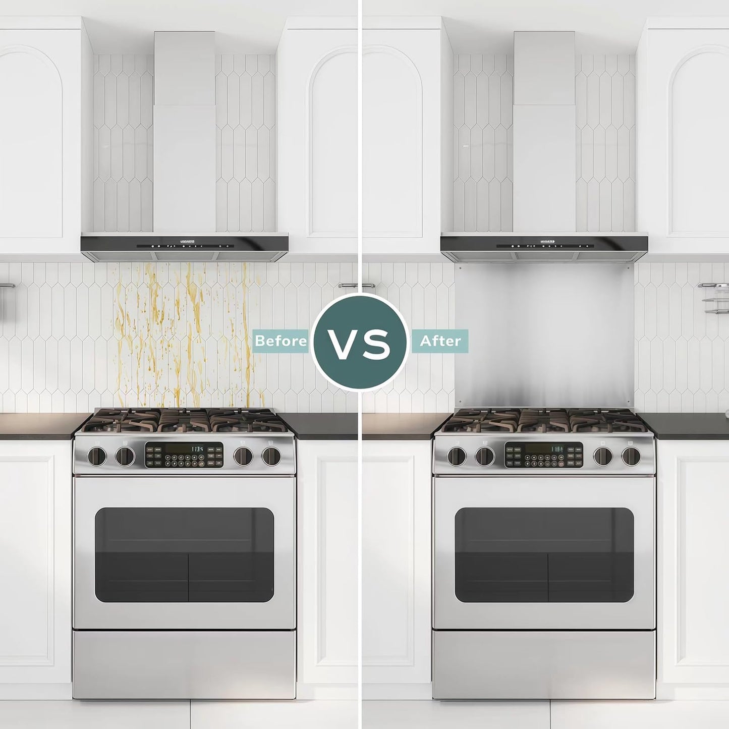 24 x 30-inch Reversible Stainless Steel Backsplash for Kitchen wall，Splatter Guard and Cooking Shield， Range Hood Accessories to Keep Kitchen Clean， Four Pre Drilled Holes for Easy Installation