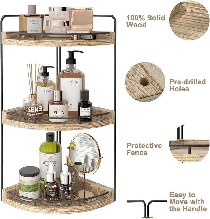 Fixwal Bathroom Counter Organizer, 3 Tier Rustic Bathroom Shelves Corner Organizer, Wood Countertop Storage Tray for Vanity, Kitchen, Bedroom (Light Brown)
