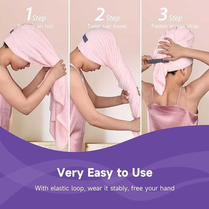 Umisleep Extra Large Microfiber Hair Towel for Women Curly, Long, Thick Hair, 2 Pack Ultra Absorbent Hair Drying Towel Wrap, Super Soft Anti Frizz Hair Turban with Elastic Loop (White, Pink)