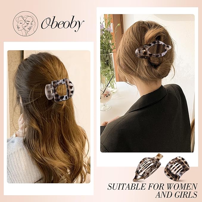 Obeoby 8 Pcs Flat Claw Clips for Women, 2 Types French Flat Hair Clips Hair Accessories Barrettes Large Medium (Tortoiseshell)