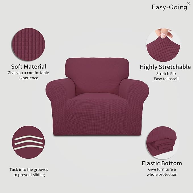 Easy-Going Stretch Chair Sofa Slipcover 1-Piece Couch Sofa Cover Furniture Protector Soft with Elastic Bottom for Kids, Pet. Spandex Jacquard Fabric Small Checks (Chair, ASH Rose)
