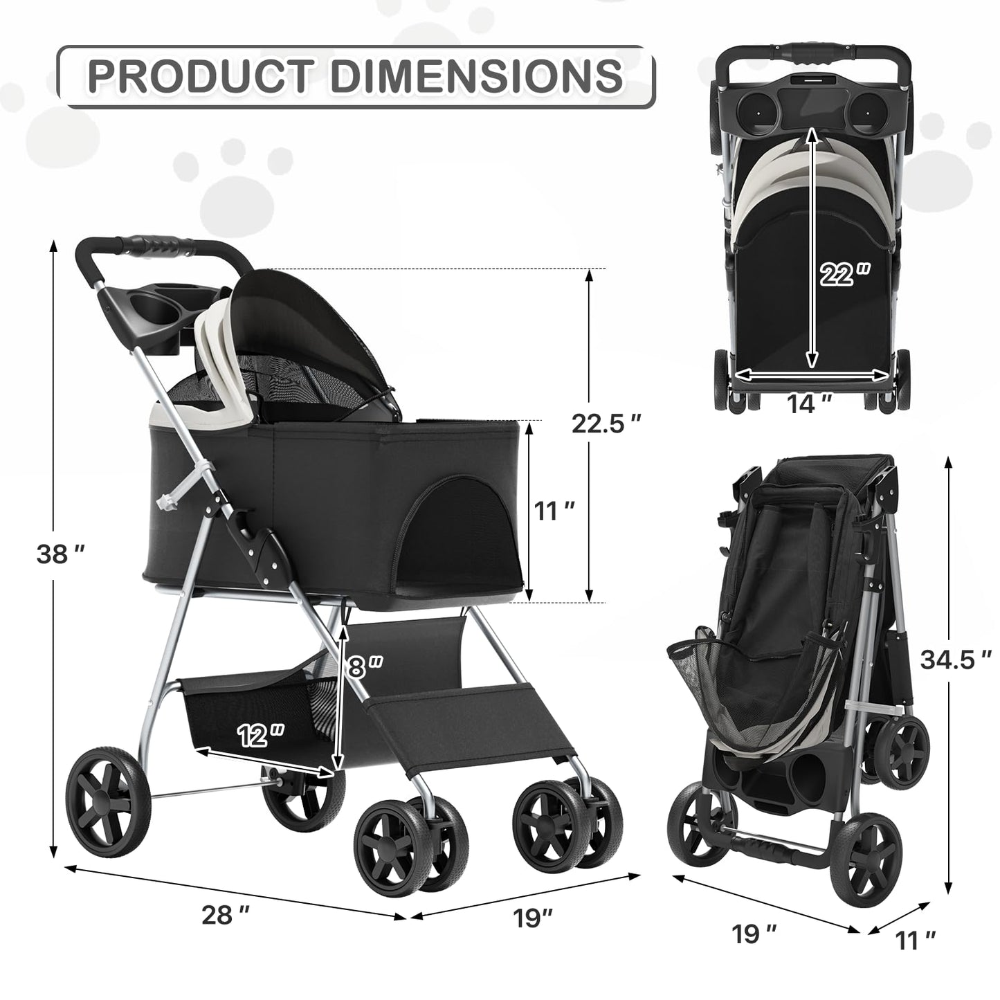 MoNiBloom 3 in 1 Foldable Pet Stroller for Small & Medium Dogs, Detachable Carrier, Car Seat, Push Button Entry, 4-Wheel Jogger for Pets up to 33 lbs, Black