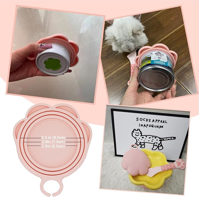 SJANE 4 Pcs Cat Food Can Spoon & Can Covers | Cute Paw Silicone Pet Food Opener Spatula & Lids | Stainless Steel Wet Food Spoon for Cats and Dogs(Pink)