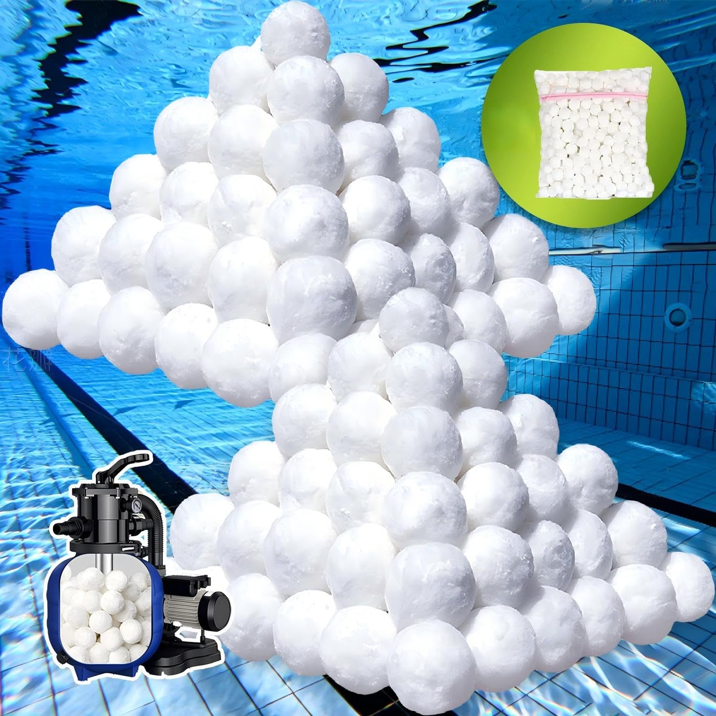 YAZ&OUZ 5.0 Lbs Pool Filter Balls for Sand Filter, Reusable Eco-Friendly Sand Filter Balls (Equals 225lbs Pool Filter Sand), Pool Filter Media Balls with Wash Bag, Filter Balls for Swimming Pools