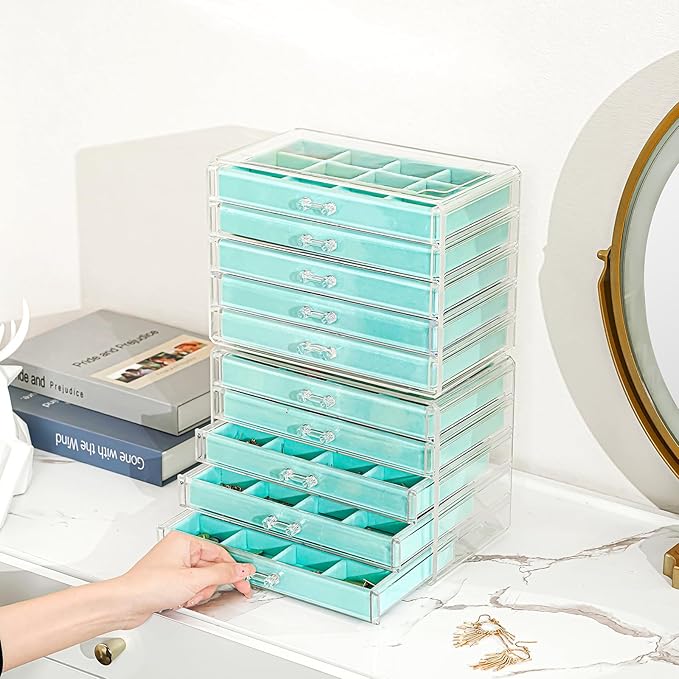 ProCase Earring Holder Organizer Jewelry Box with 10 Drawers, Acrylic Clear Earring Case with Adjustable Velvet Trays for Women - Aqua,10 Layers