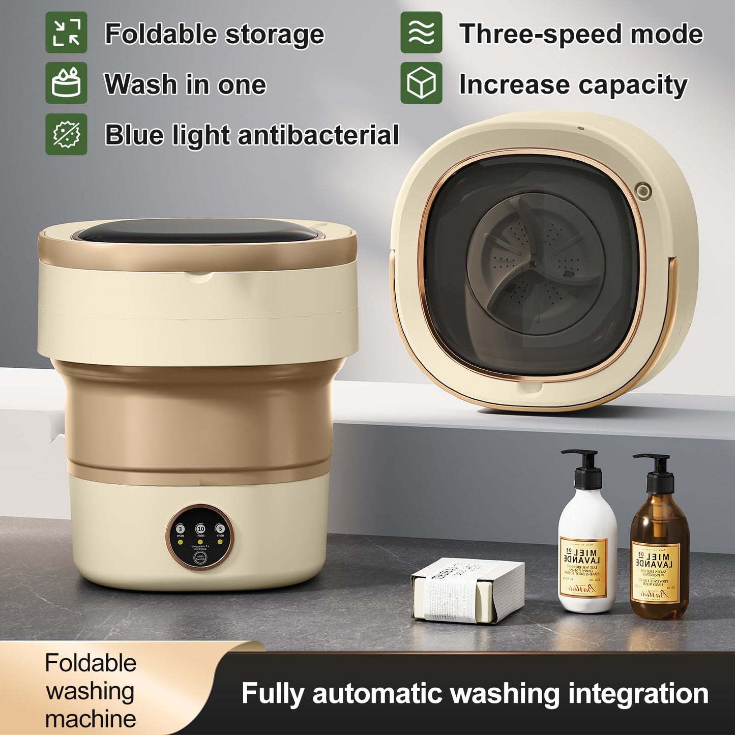 Portable Washing Machine 20L —Small Foldable Washer with Spin Basket, 3 Mode Deep Clean — Mini Laundry Machine for Travel, Dorms, Camping, Ideal for Baby Clothes, Underwear, Socks Beige