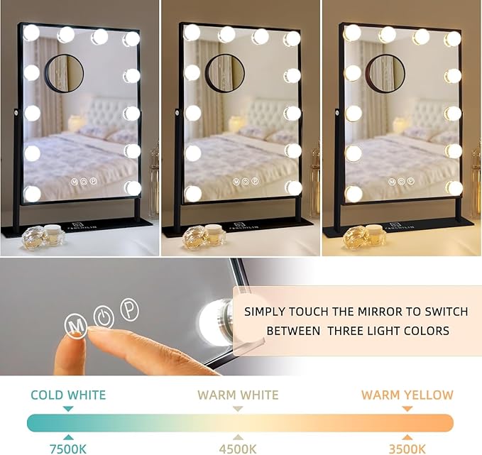 FENCHILIN Lighted Makeup Mirror Hollywood Mirror Vanity Makeup Mirror with Light Smart Touch Control 3Colors Dimable Light Detachable 10X Magnification 360°Rotation(Black)