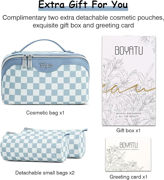 BOYATU Travel Makeup Bag Organizer Cosmetic Bag: 3 Pcs Set Make up Bags for Women with Handle - Waterproof Vegan Leather Toiletry Bag (01-G-Blue)