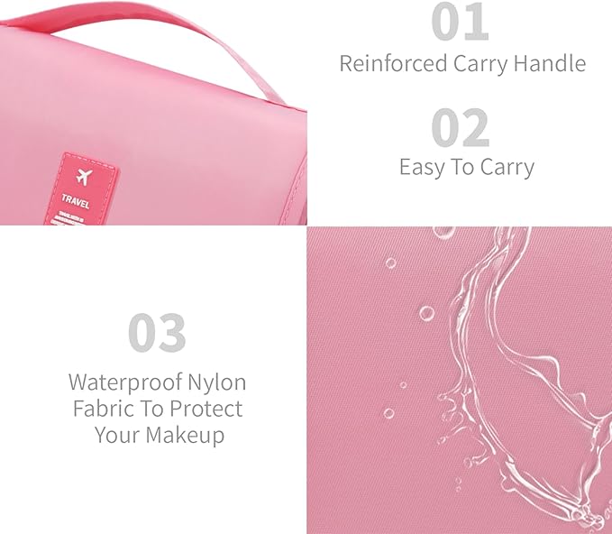Large Capacity Toiletry Bag Travel Bag with Hanging Hook for Men and Women Waterproof Travel Cosmetic Bag Bathroom Storage Bag for Brushes Set, Full-Sized Shampoo,Accessories(Pink Stripe)
