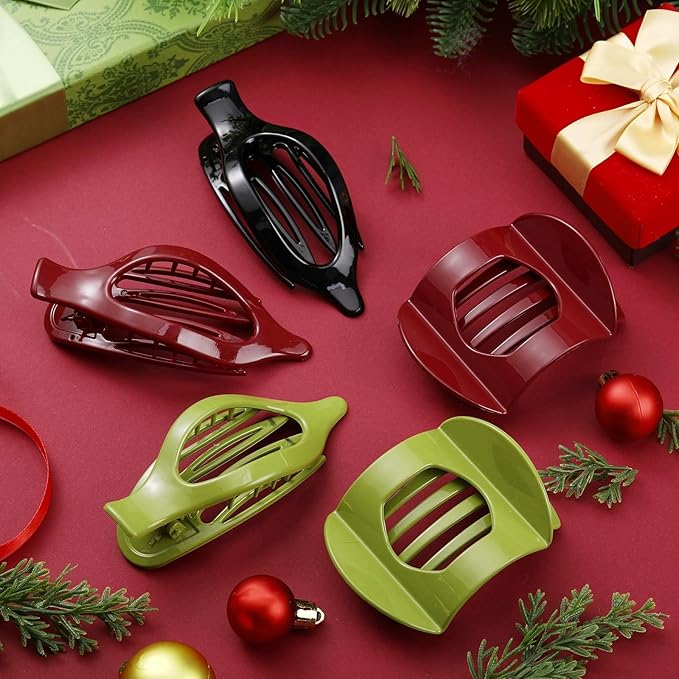 8 Pcs Christmas Flat Hair Clips for Women, 2 Styles French Flat Claw Clips Large Strong Hold Lay Down Claw Clips for Thick Thin Hair(Red Green)