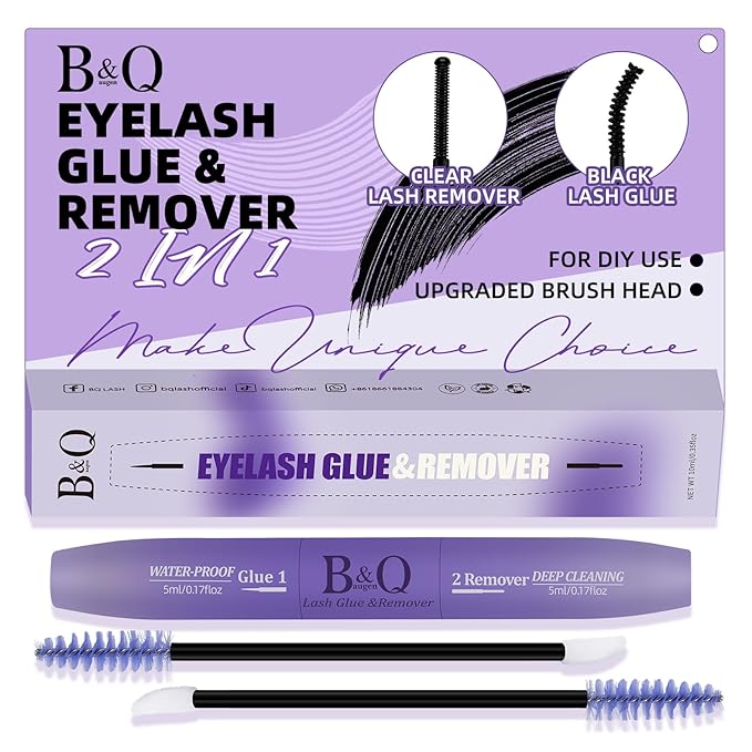 B&Q Lash Glue Remover Lash Glue Remover 2-in-1 Kit Lashs Cluster Glues for Eyelash Clusters with Gentle Lash Removers Waterproof Quick-Dry Formula Portable Travel-Friendly Design(Bond and Remover）