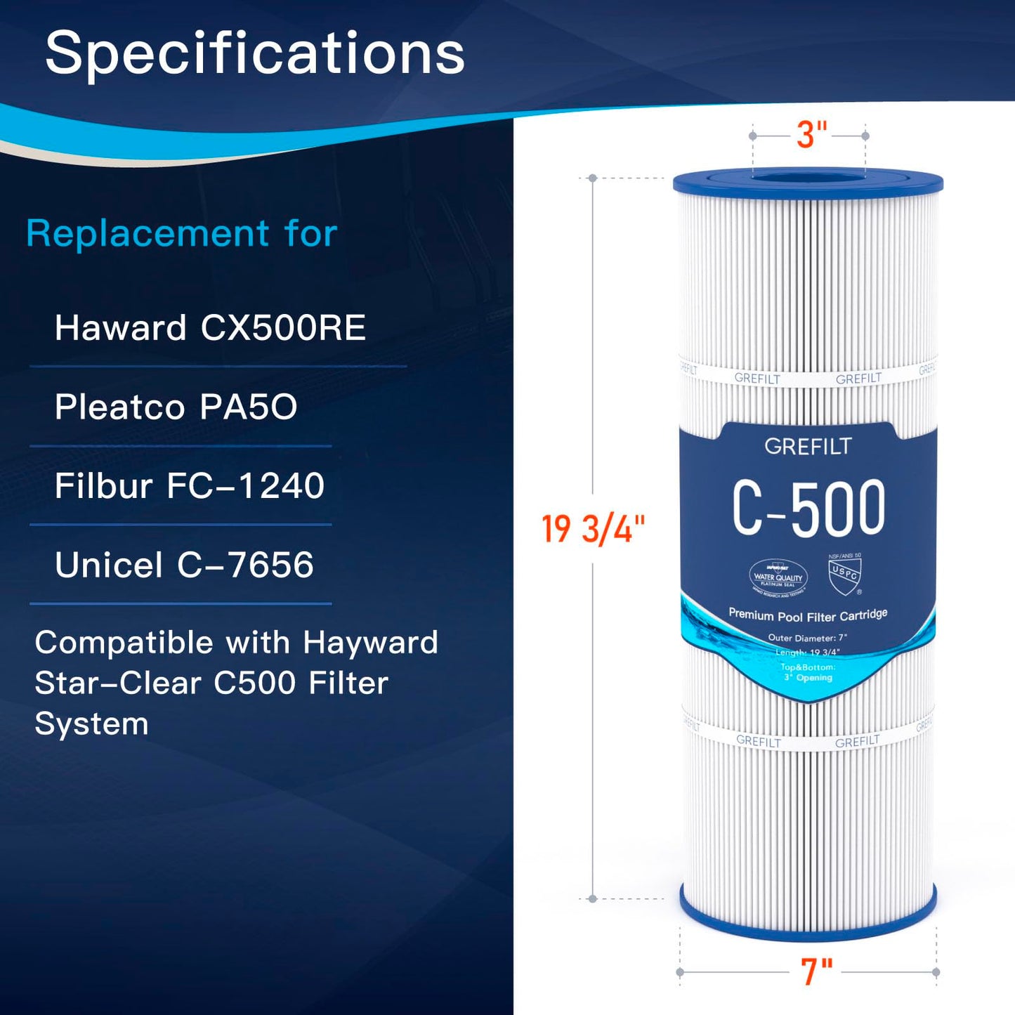 Grefilt C500 Pool Filter Cartridges, Compatible with Hayward C500, CX500-RE, Pleatco PA50-EC, Unicel C-7656, Filbur FC-1240, 50 sq.ft