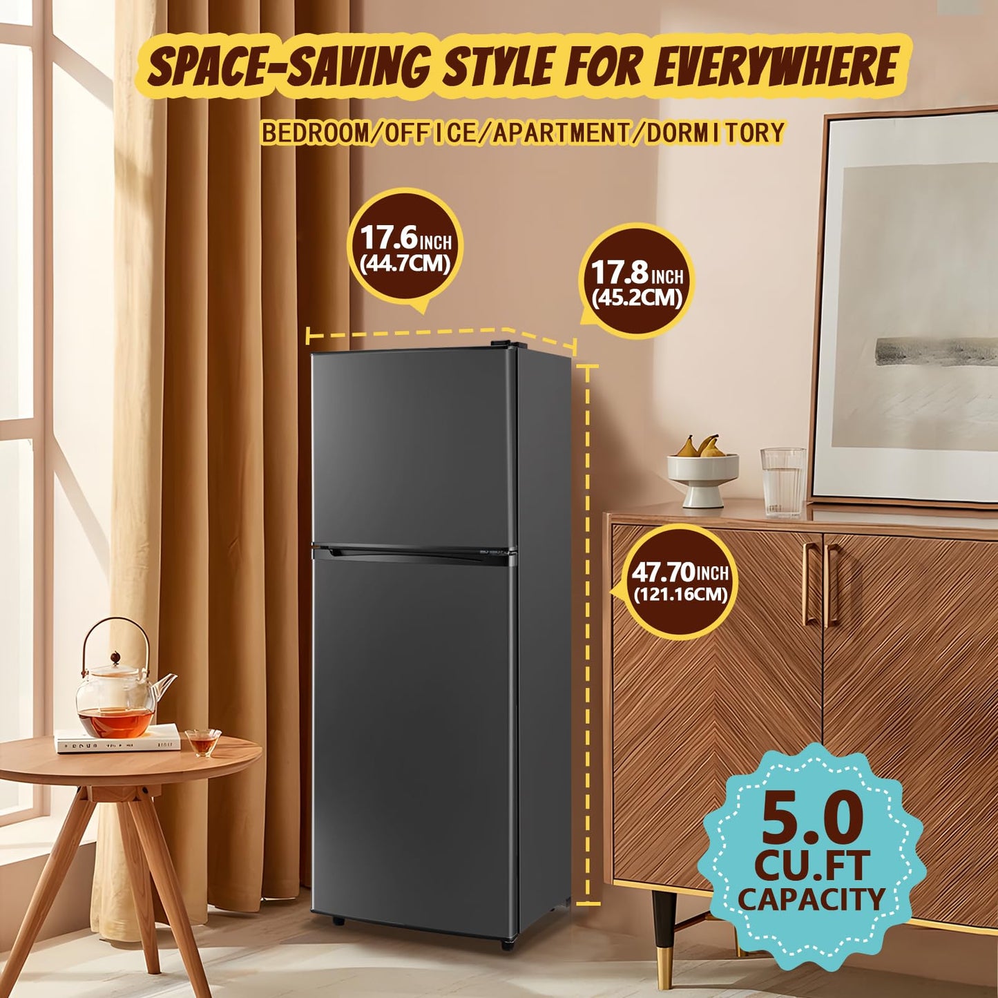 TACOOL 5.0 Cu.Ft Small Refrigerator with Freezer Double Door Mini Fridge Top Freezer Adjustable Temperature for Dorm Office Apartment Silver