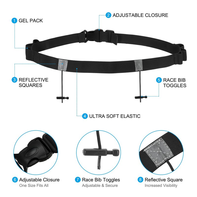PATIKIL Triathlon Belt Bib Holder, Elastic Marathon Race Number Belt Marathon Running Race Belt with 6 Gel Loops for Marathon Racing Cycling, Black