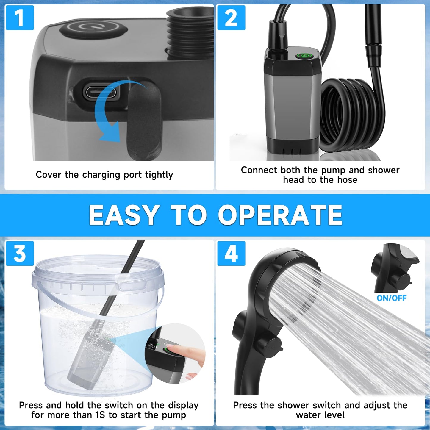 vignuto Portable Shower for Camping, Rechargeable Camping Shower kit with LED Display of Battery Level and Temperature, Lasting-150 Mins, Suitable for Outdoor Shower, Pet Bath, Car Washing