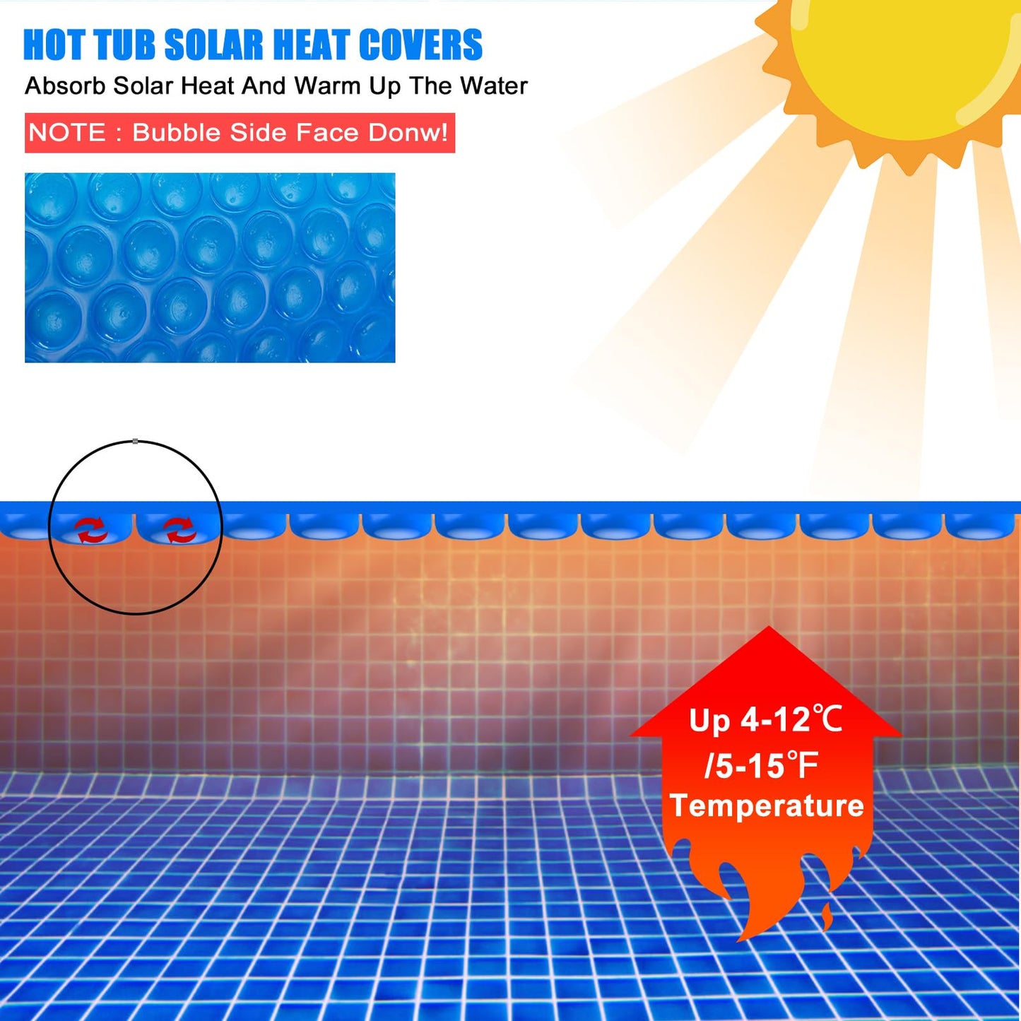 Kakolvan Solar Bubble Hot Tub Spa Cover for 4.5 x 4.5 FT Square Inflatable Swimming Pool Blanket Thermal Floating Insulation 16 Mil Bubble Solar Covers for Indoor Outdoor Spa Hot Tub Wrap Covers
