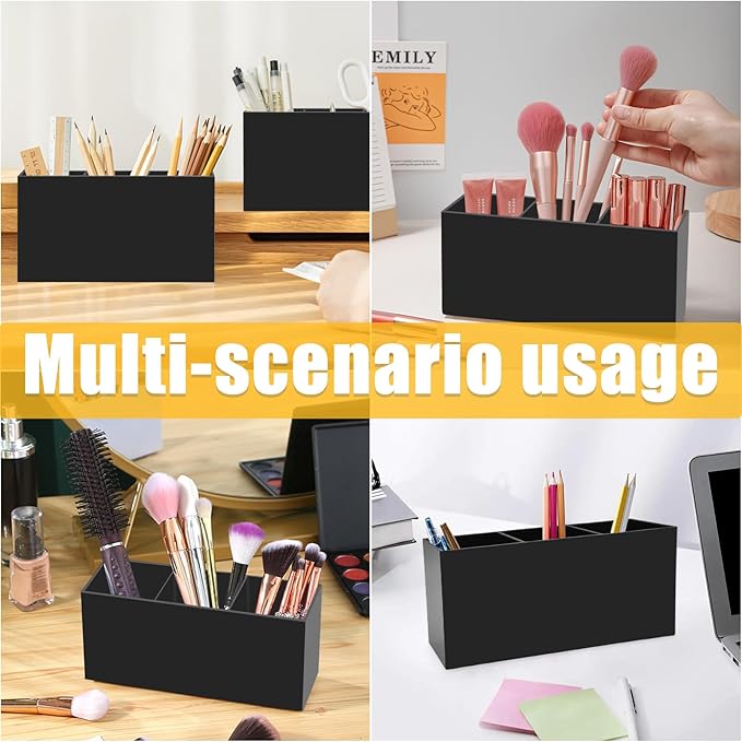 Black Makeup Brush Organizer,Acrylic Cosmetic Brushes Storage Holder with 3 Slots,Pencil Pen Holder for Desk,Desk Organizer and Accessories for Vanity